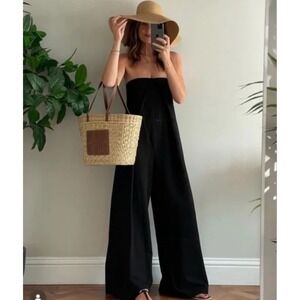 Zara Strapless Jumpsuit Black Wide Leg Minimalist Size Small BLOGGER FAVE